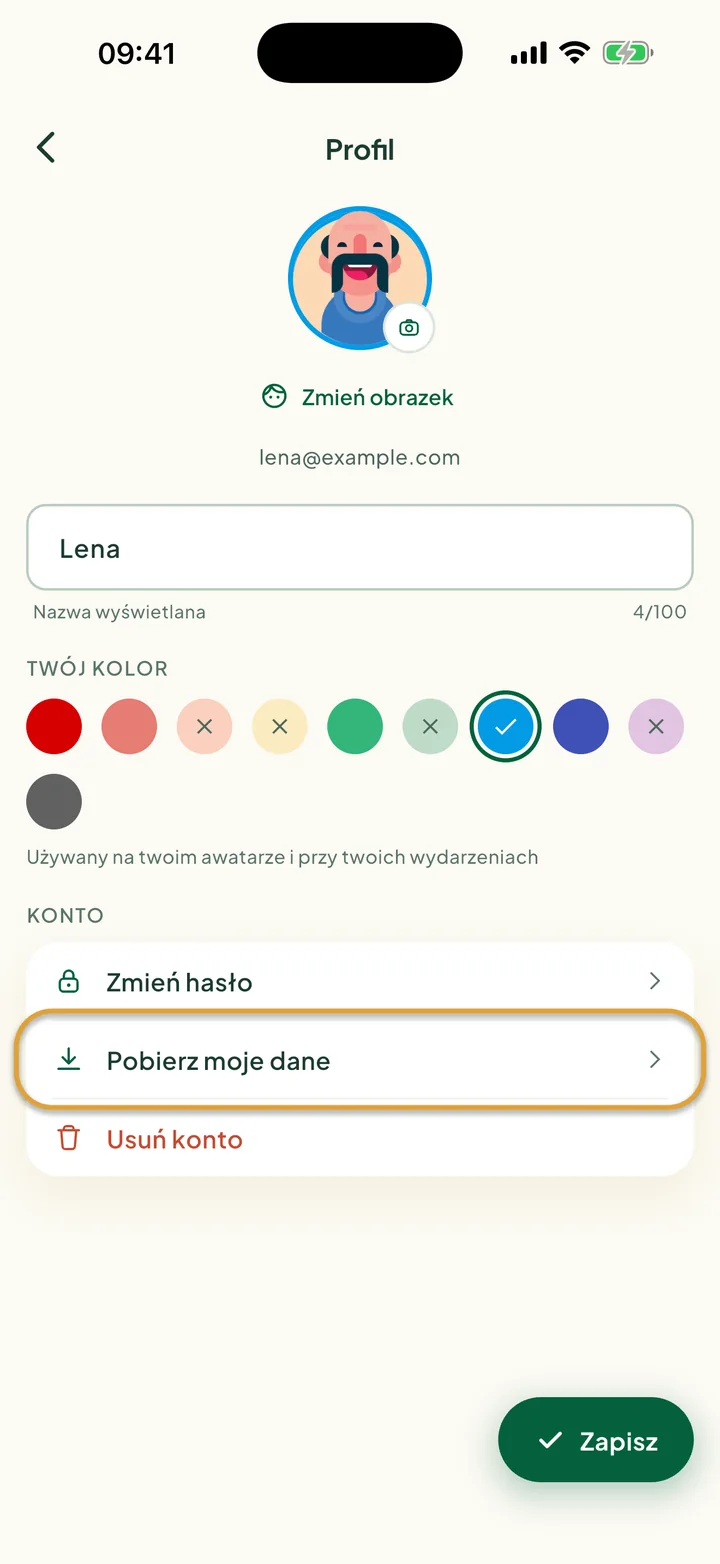 Ekran Profil. Zakreślony jest wiersz Pobierz moje dane w sekcji Konto.
