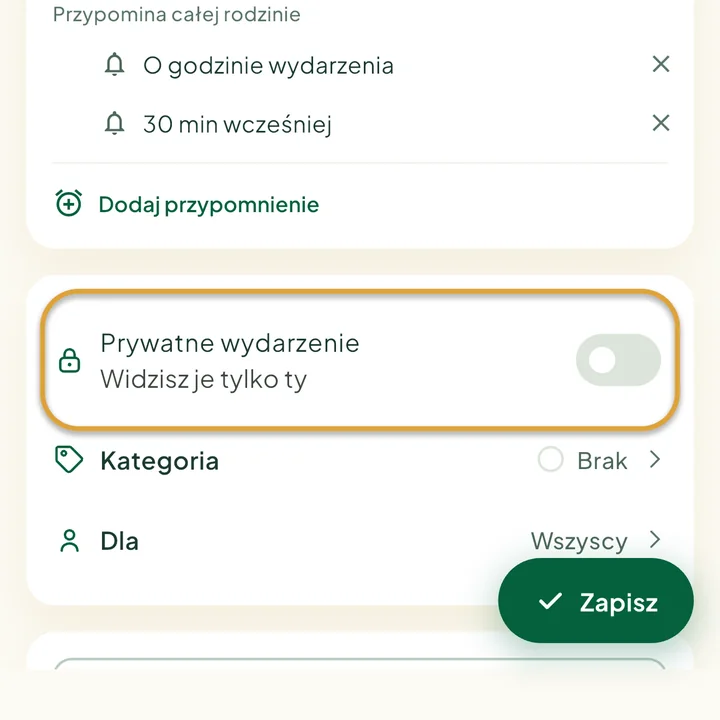 Formularz wydarzenia. Zakreślony jest przełącznik Prywatne wydarzenie.