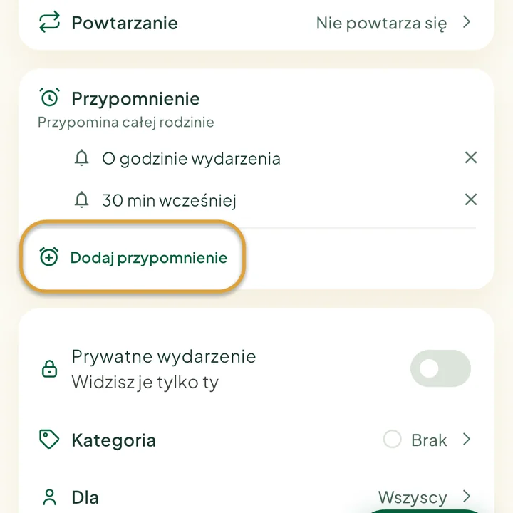 Sekcja Przypomnienie w formularzu wydarzenia z dwoma przypomnieniami. Zakreślony jest przycisk Dodaj przypomnienie.