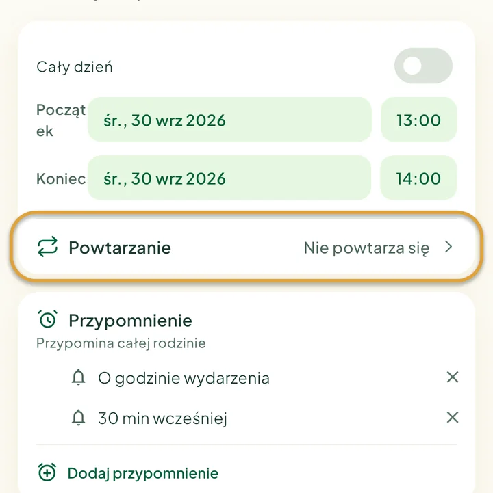 Formularz nowego wydarzenia. Zakreślony jest wiersz Powtarzanie.