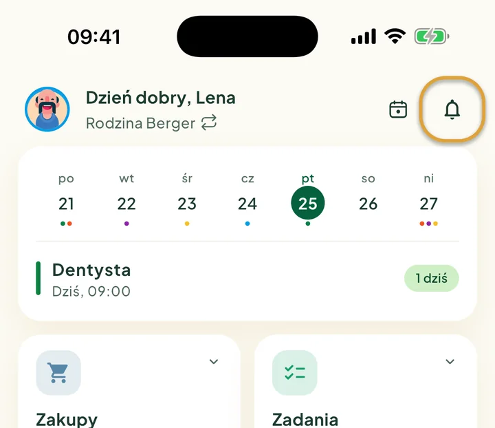 Góra ekranu głównego. Zakreślony jest dzwonek w prawym górnym rogu.