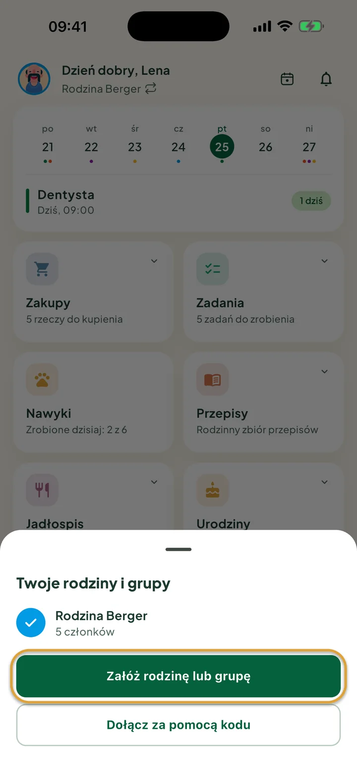 Panel Twoje rodziny i grupy nad ekranem głównym. Zakreślony jest przycisk Załóż rodzinę lub grupę.