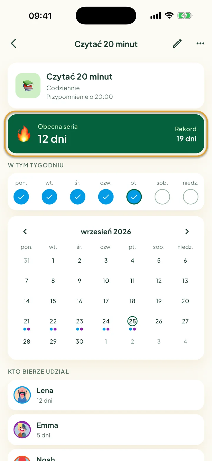 Strona nawyku z odhaczeniami z tego tygodnia i kalendarzem. Zakreślona jest karta Obecna seria.