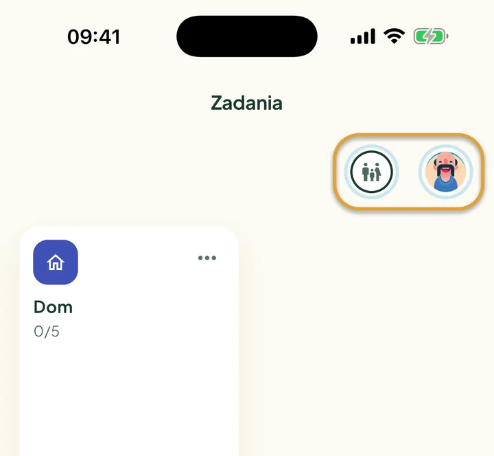 Góra ekranu Zadania. Zakreślone są rodzinne kółko i twoje zdjęcie w prawym górnym rogu.