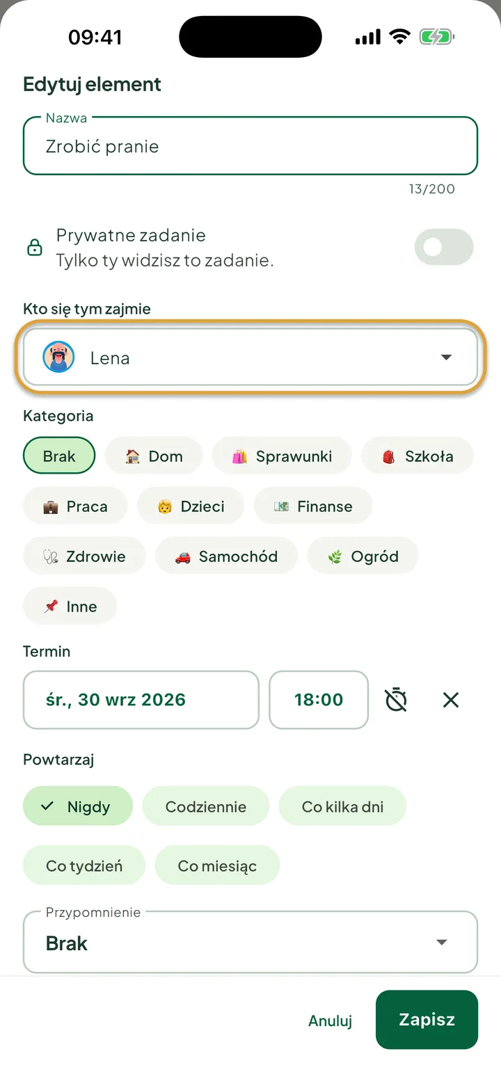 Panel Edytuj element dla zadania. Zakreślone jest pole Kto się tym zajmie z wybraną Leną.