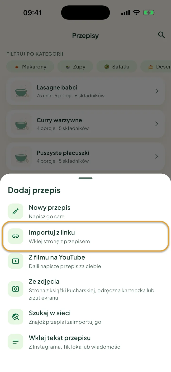 Ekran Przepisy z otwartym menu +. Zakreślona jest opcja Importuj z linku.