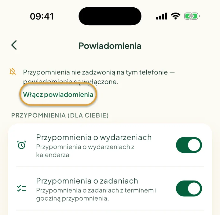 Góra ekranu Powiadomienia z komunikatem, że powiadomienia są wyłączone. Zakreślony jest przycisk Włącz powiadomienia.
