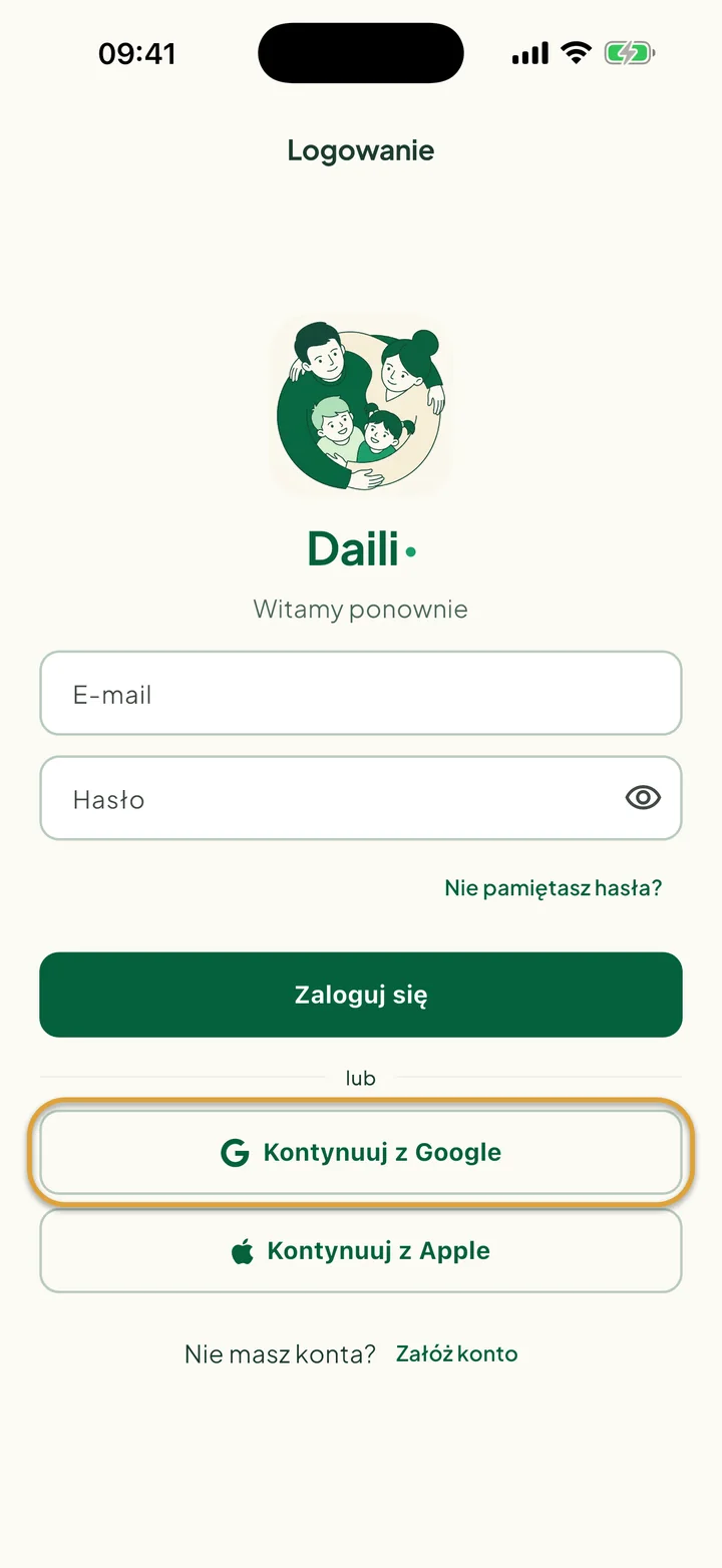 Ekran Logowanie. Zakreślony jest przycisk Kontynuuj z Google.