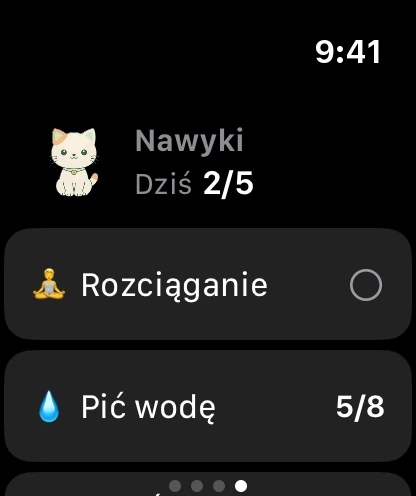 Strona Nawyki na zegarku: Minzi, 2 z 5 zrobione dzisiaj i pierwsze nawyki.
