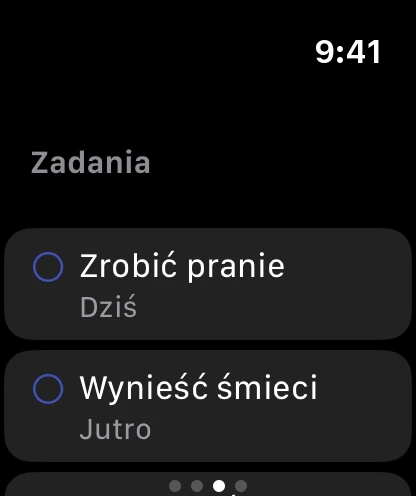 Strona Zadania na zegarku z dwoma otwartymi zadaniami, na dziś i na jutro.