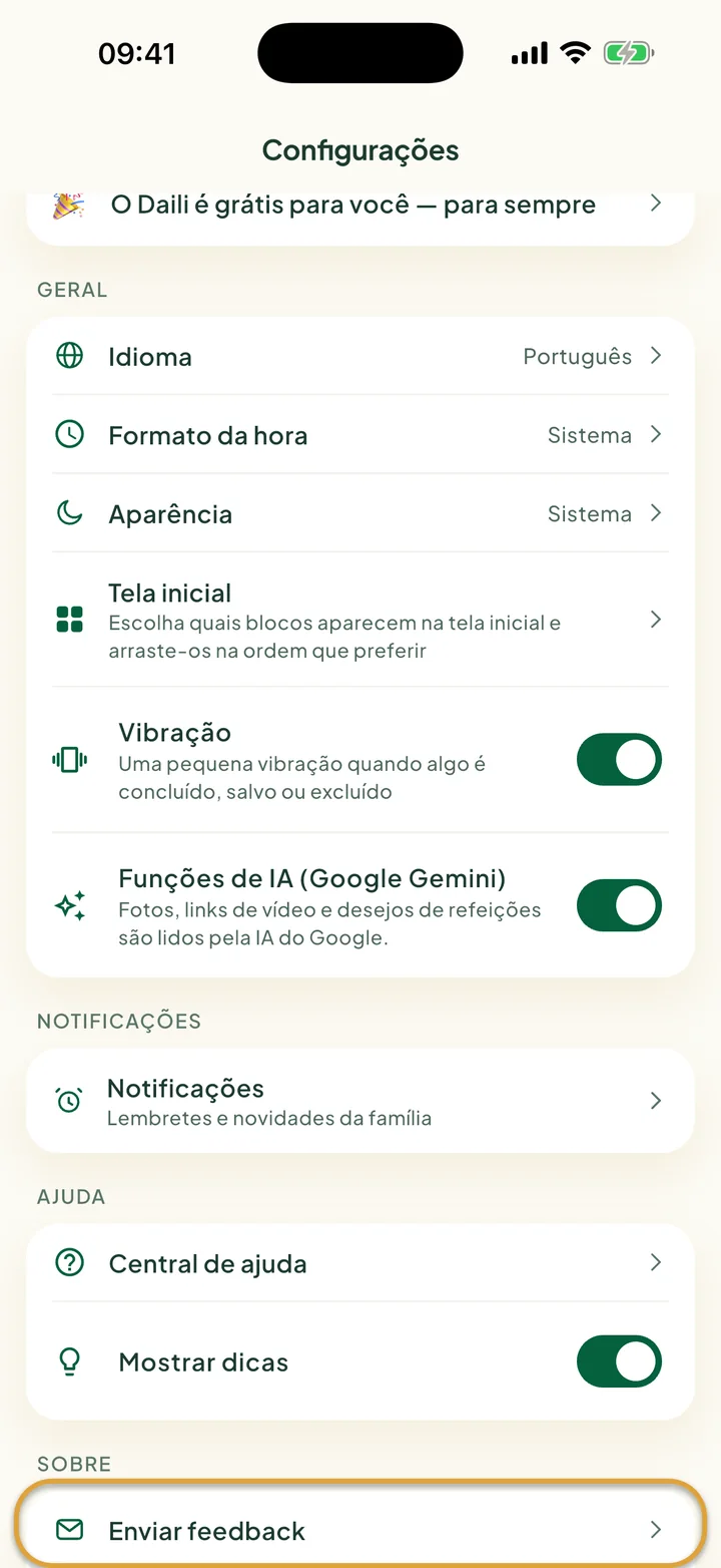 A tela Configurações. Enviar feedback, em Sobre, está circulado.