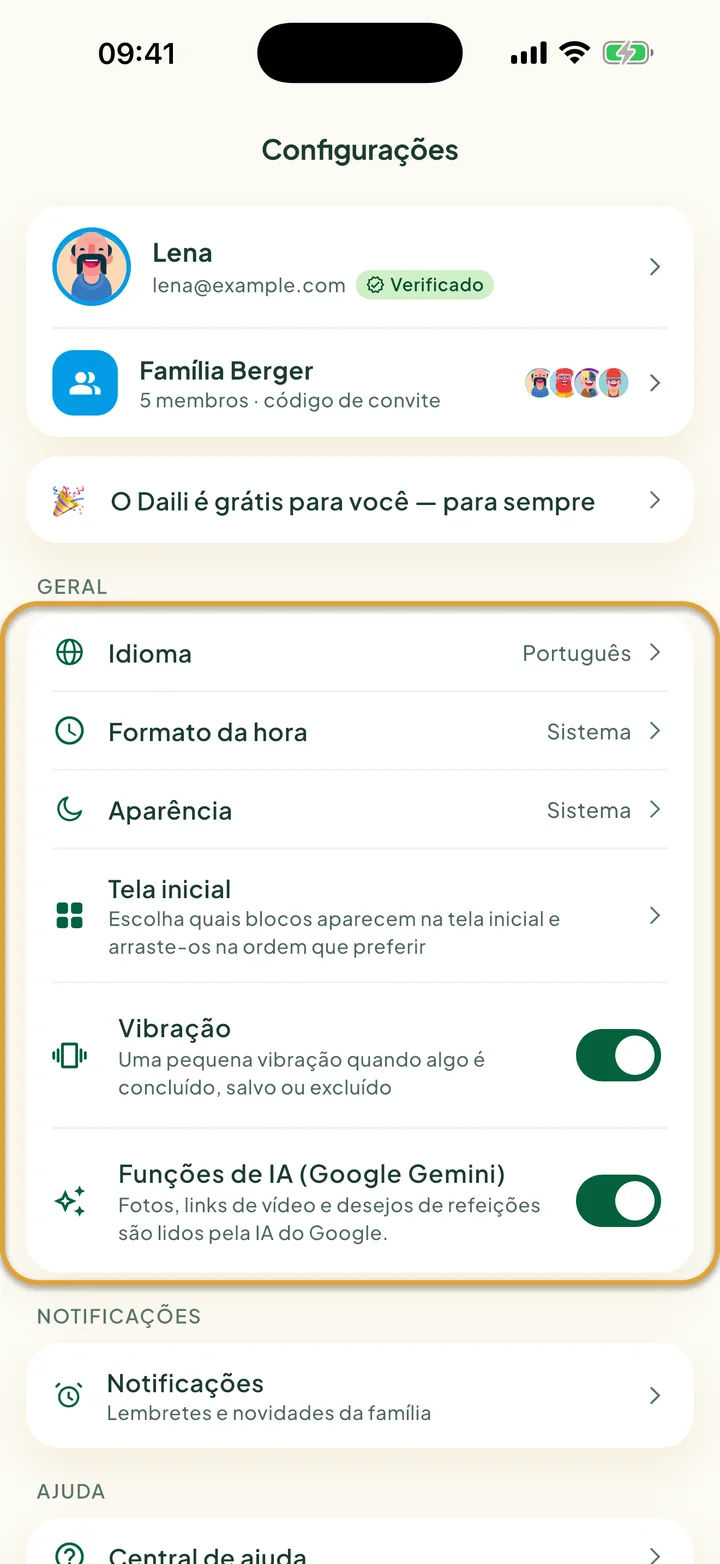 A tela Configurações. O cartão Geral, com Idioma, Formato da hora, Aparência, Tela inicial e Vibração, está circulado.