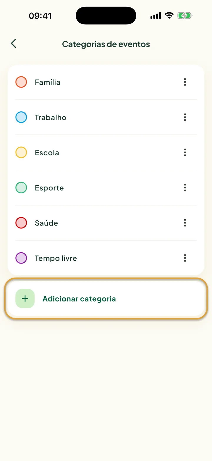 A tela Categorias de eventos com seis categorias. A linha Adicionar categoria está circulada.
