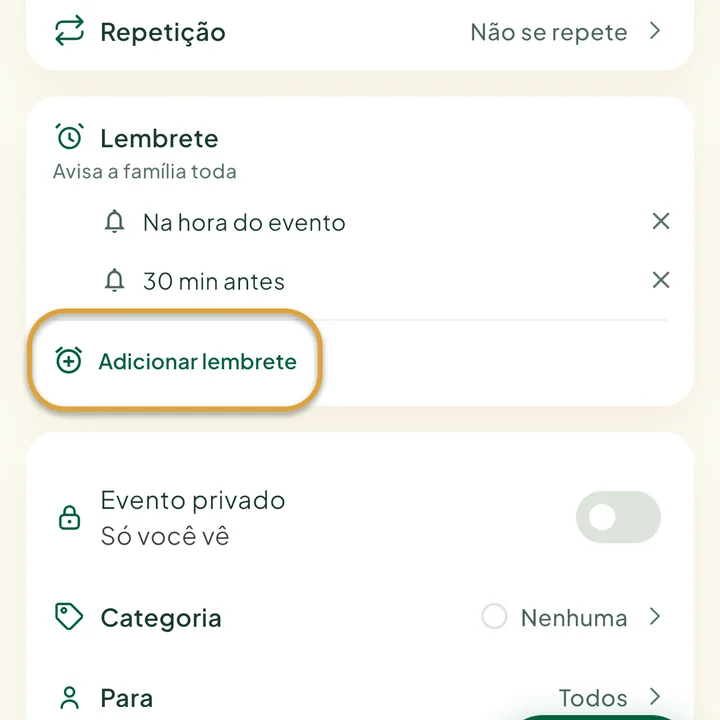 A seção Lembrete do formulário do evento, com dois lembretes. O botão Adicionar lembrete está circulado.