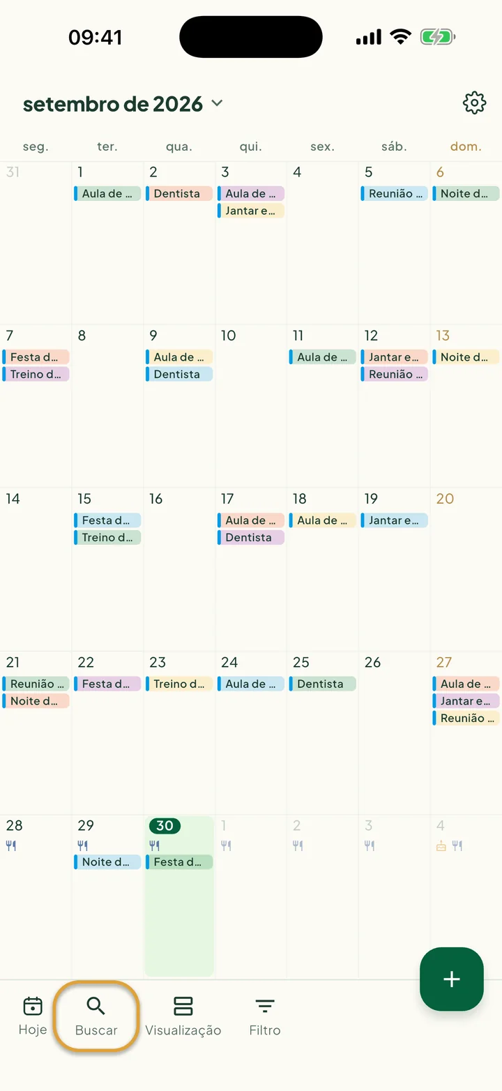 O calendário na visualização Mês. O botão Buscar, na barra de baixo, está circulado.