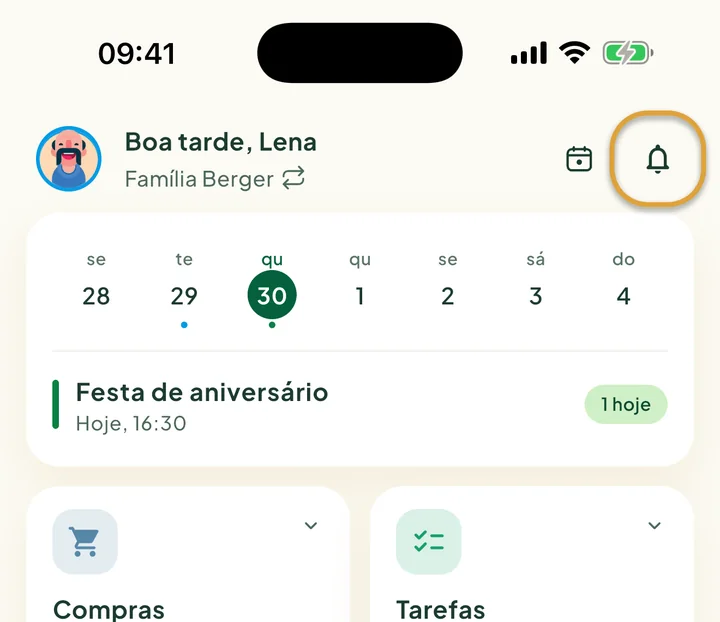 O alto da tela inicial. O botão do sino, no canto superior direito, está circulado.