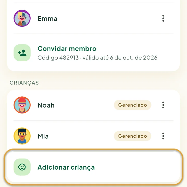 A seção Crianças da tela Família, com duas crianças. A linha Adicionar criança está circulada.