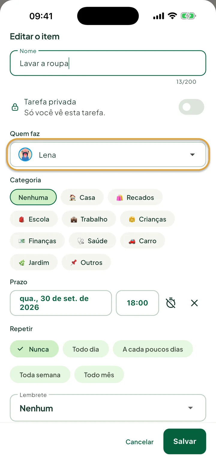 A janela Editar o item de uma tarefa. O campo Quem faz, com Lena, está circulado.