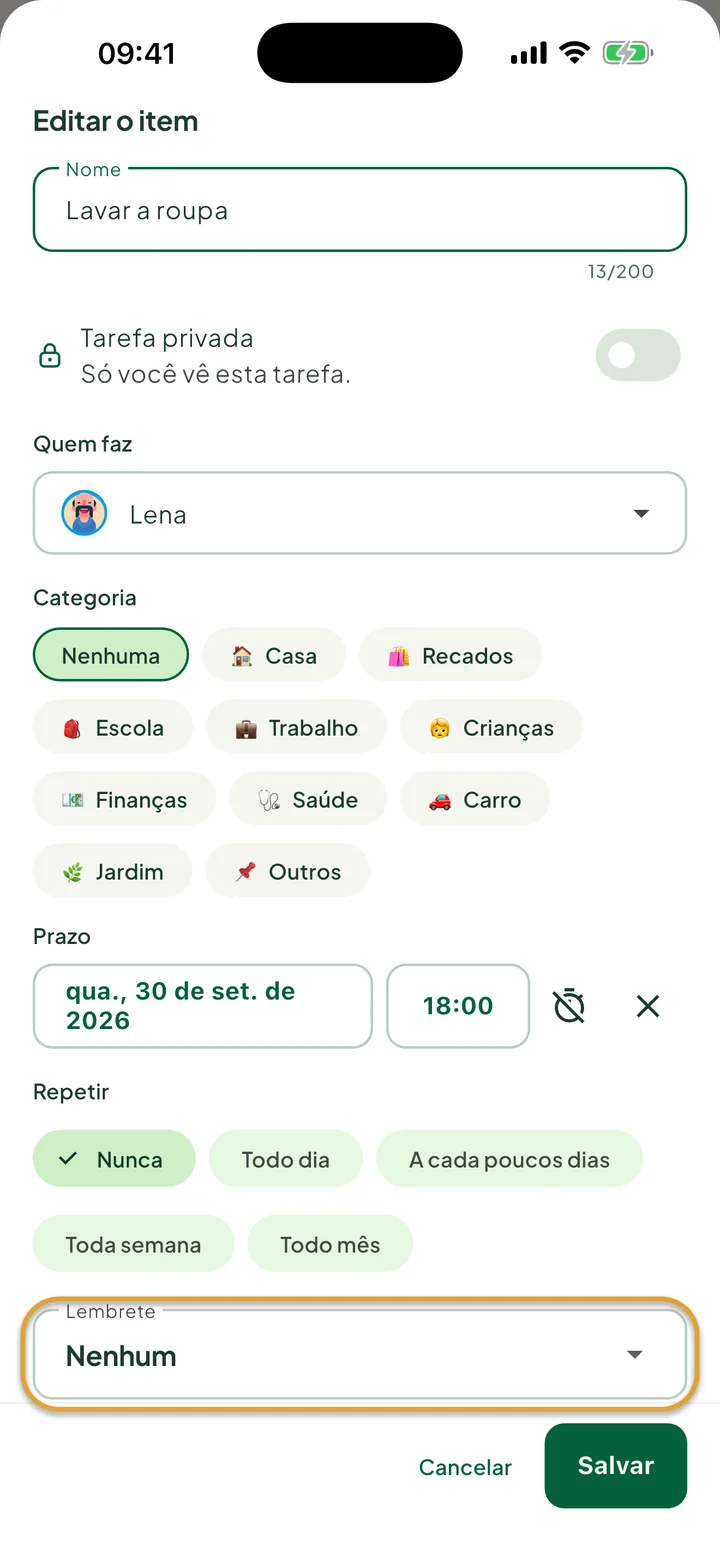 A janela Editar o item de uma tarefa com prazo e horário. O campo Lembrete está circulado.