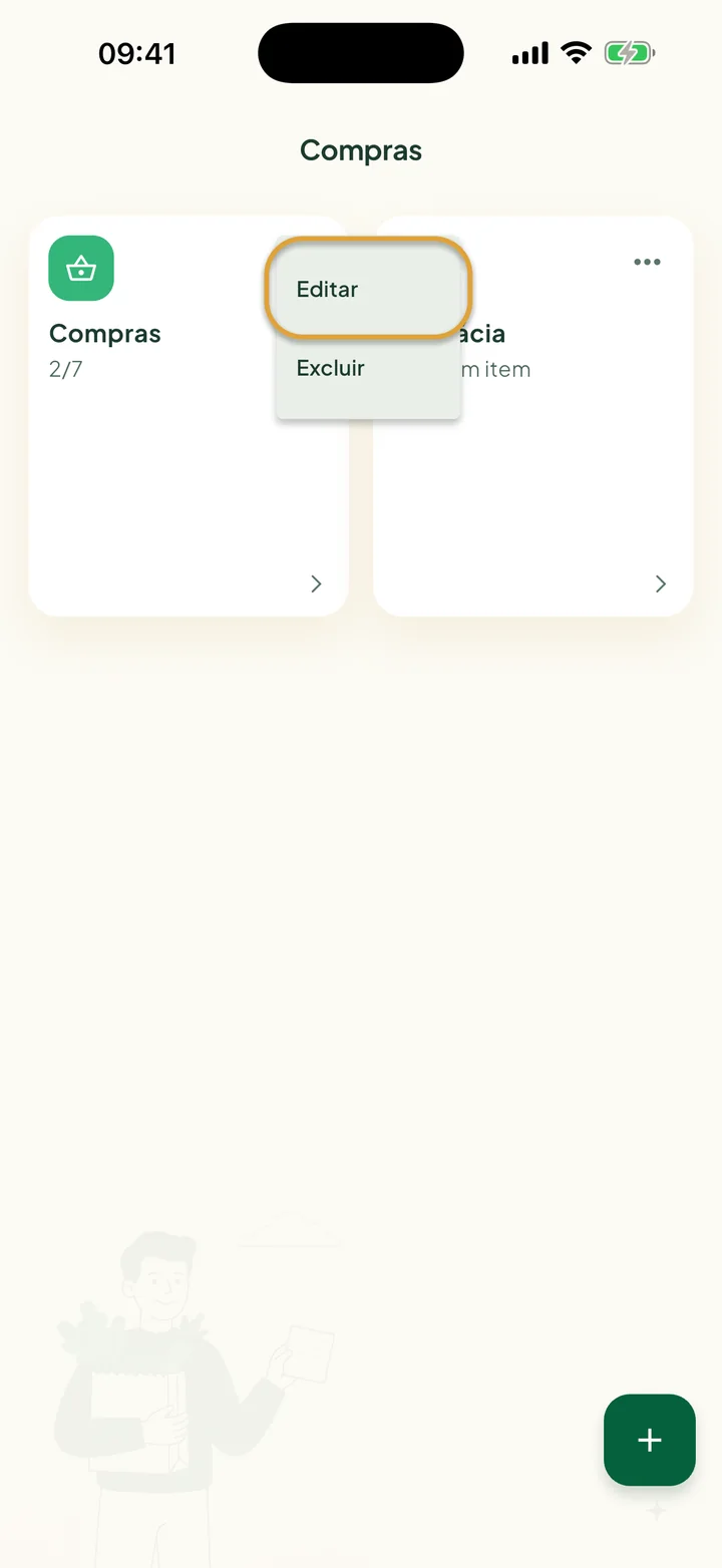 A tela Compras com o menu ⋯ de uma lista aberto. Editar está circulado, com Excluir embaixo.