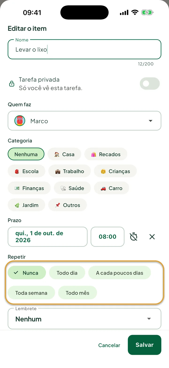 A janela Editar o item de uma tarefa. As opções de Repetir, Nunca, Todo dia, A cada poucos dias, Toda semana e Todo mês, estão circuladas.