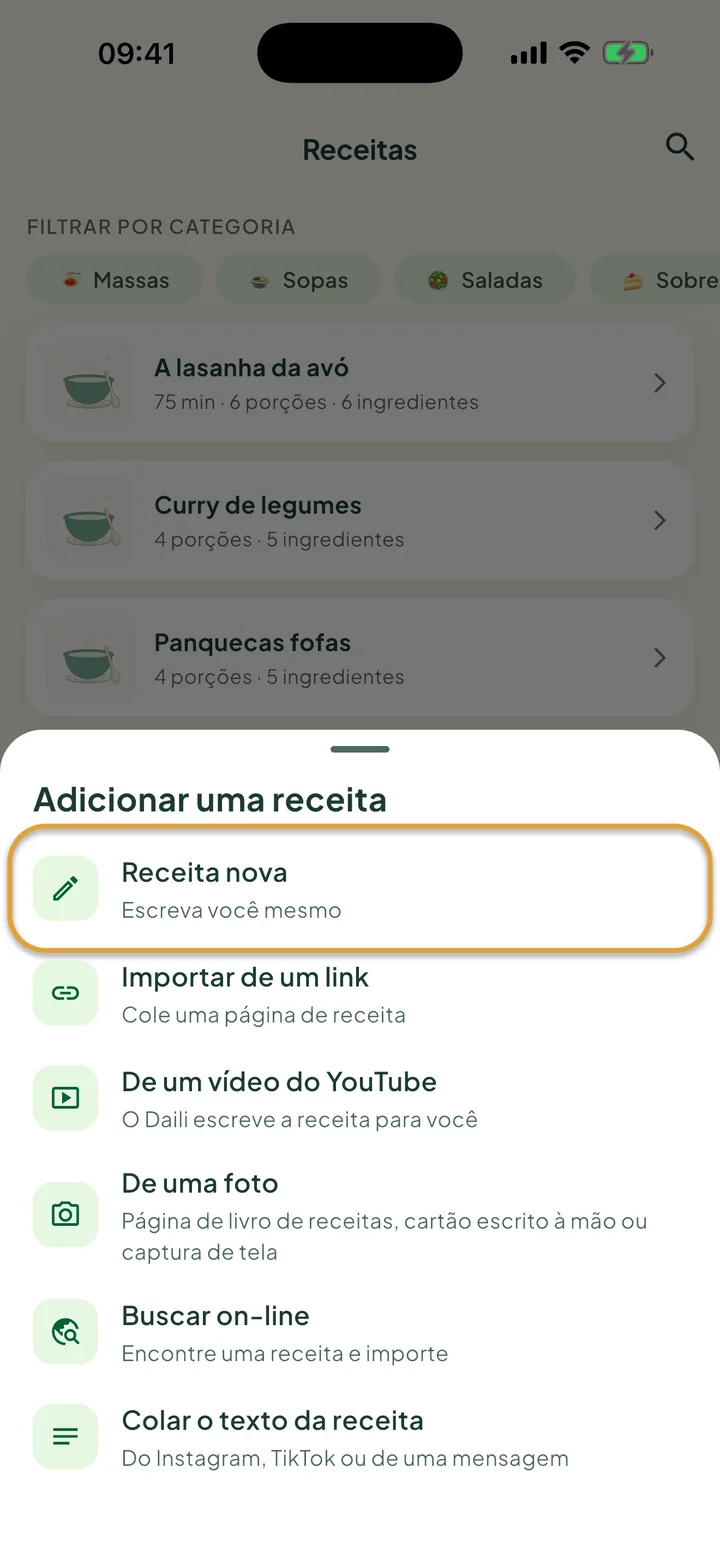 A tela Receitas com o menu + aberto. Receita nova está circulado.