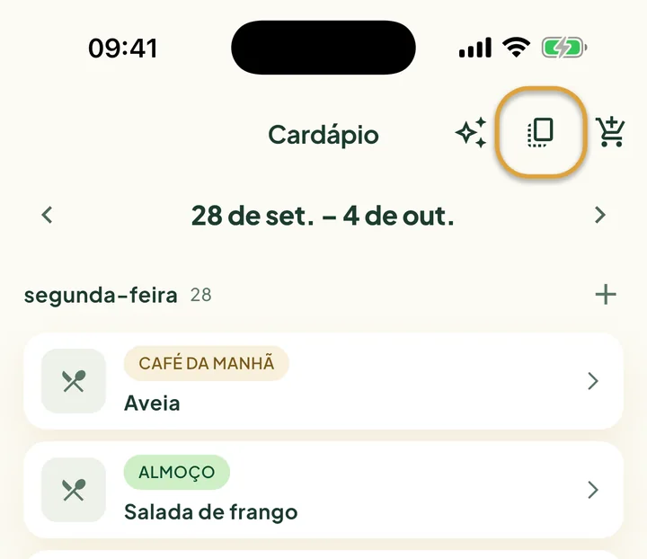 O alto do Cardápio. O botão de copiar, ao lado do carrinho de compras, está circulado.