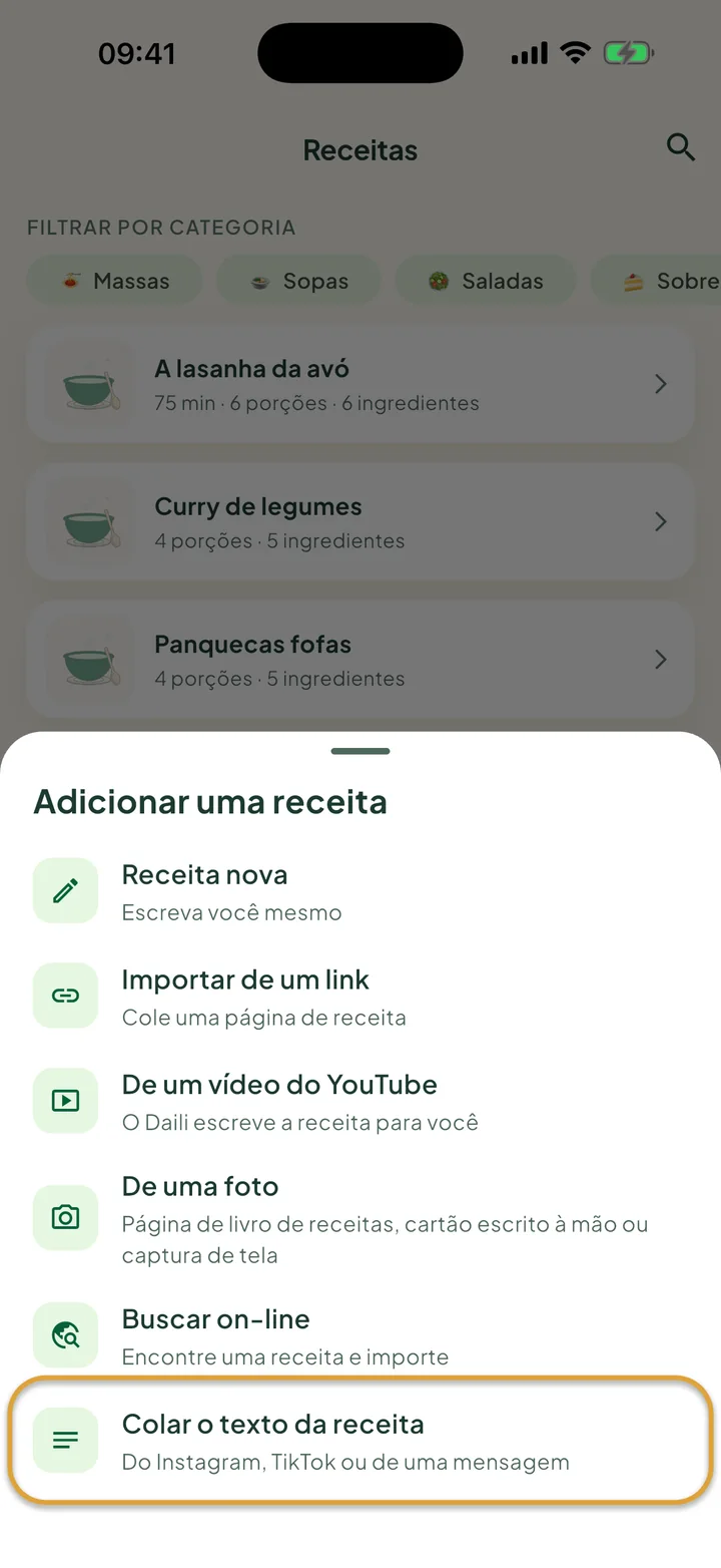 A tela Receitas com o menu + aberto. Colar o texto da receita está circulado.