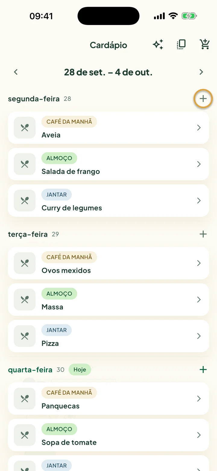 O Cardápio de uma semana. O + ao lado de segunda-feira está circulado.