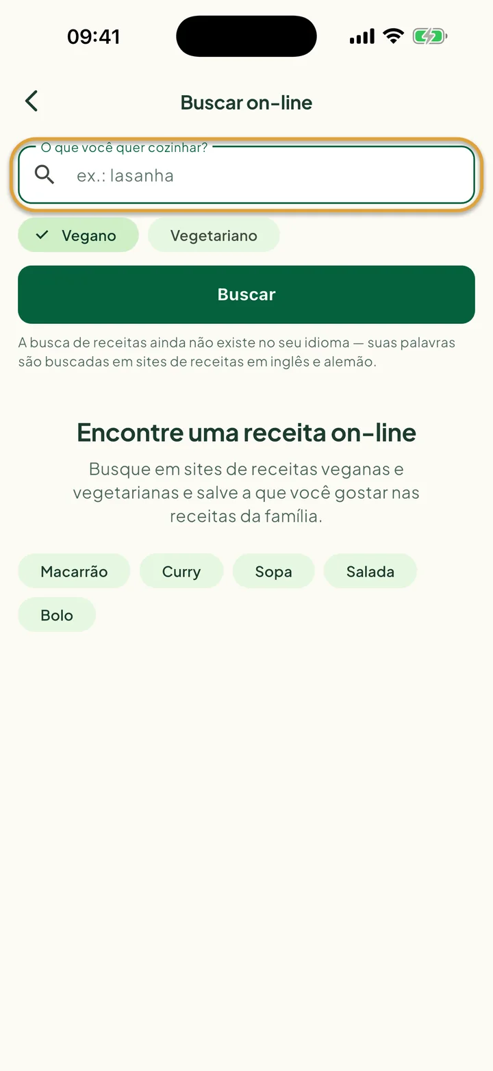 A tela Buscar on-line. O campo O que você quer cozinhar? está circulado.