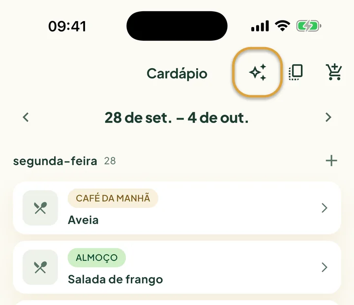 O topo do Cardápio. O botão de brilho ao lado do botão de copiar está circulado.
