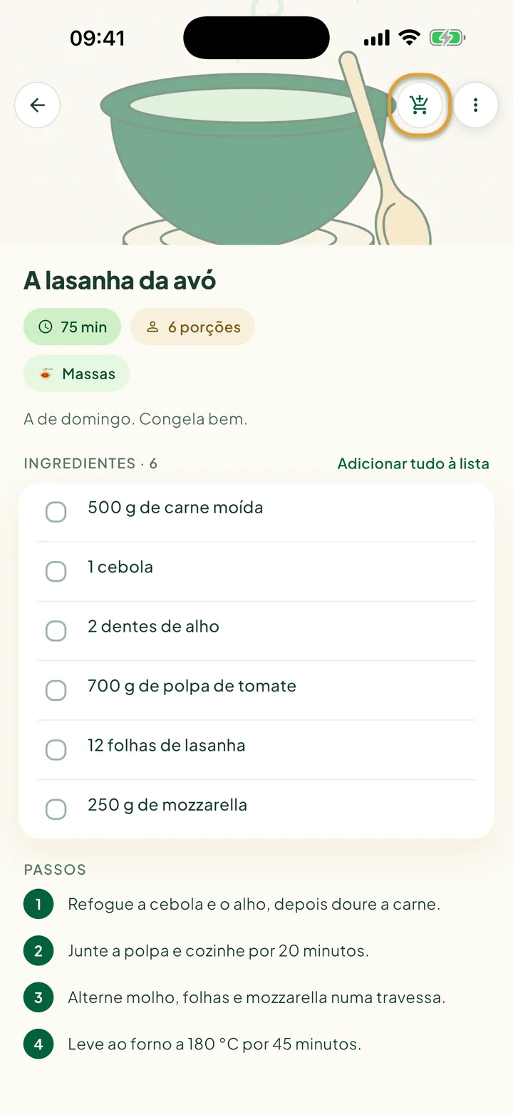 Uma receita com os ingredientes. O botão do carrinho de compras, lá em cima, está circulado.