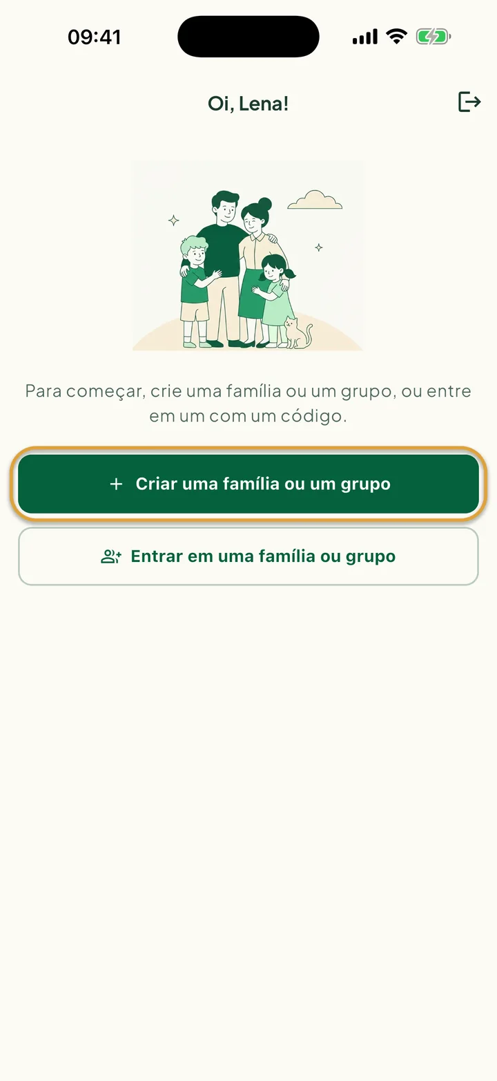 A tela de boas-vindas para novos usuários. O botão Criar uma família ou um grupo está circulado.