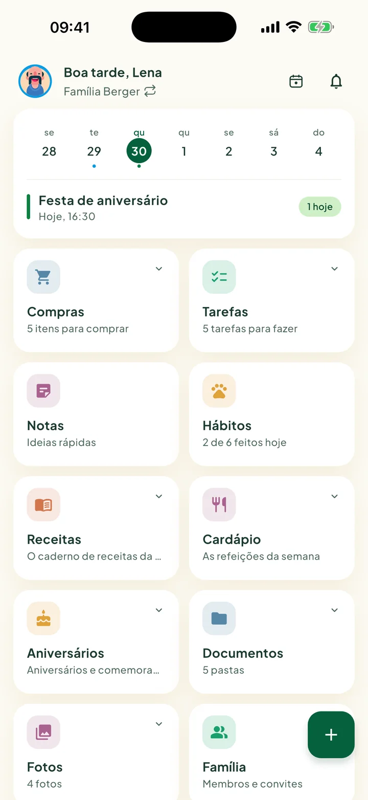 A tela inicial com o cartão da semana e os blocos