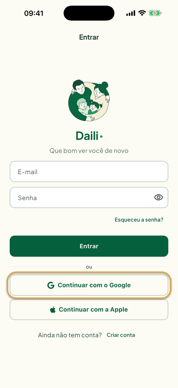 A tela Entrar. O botão Continuar com o Google está circulado.