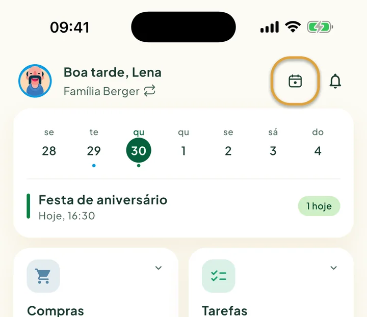 O alto da tela inicial. O botão Hoje, ao lado do sino, está circulado.