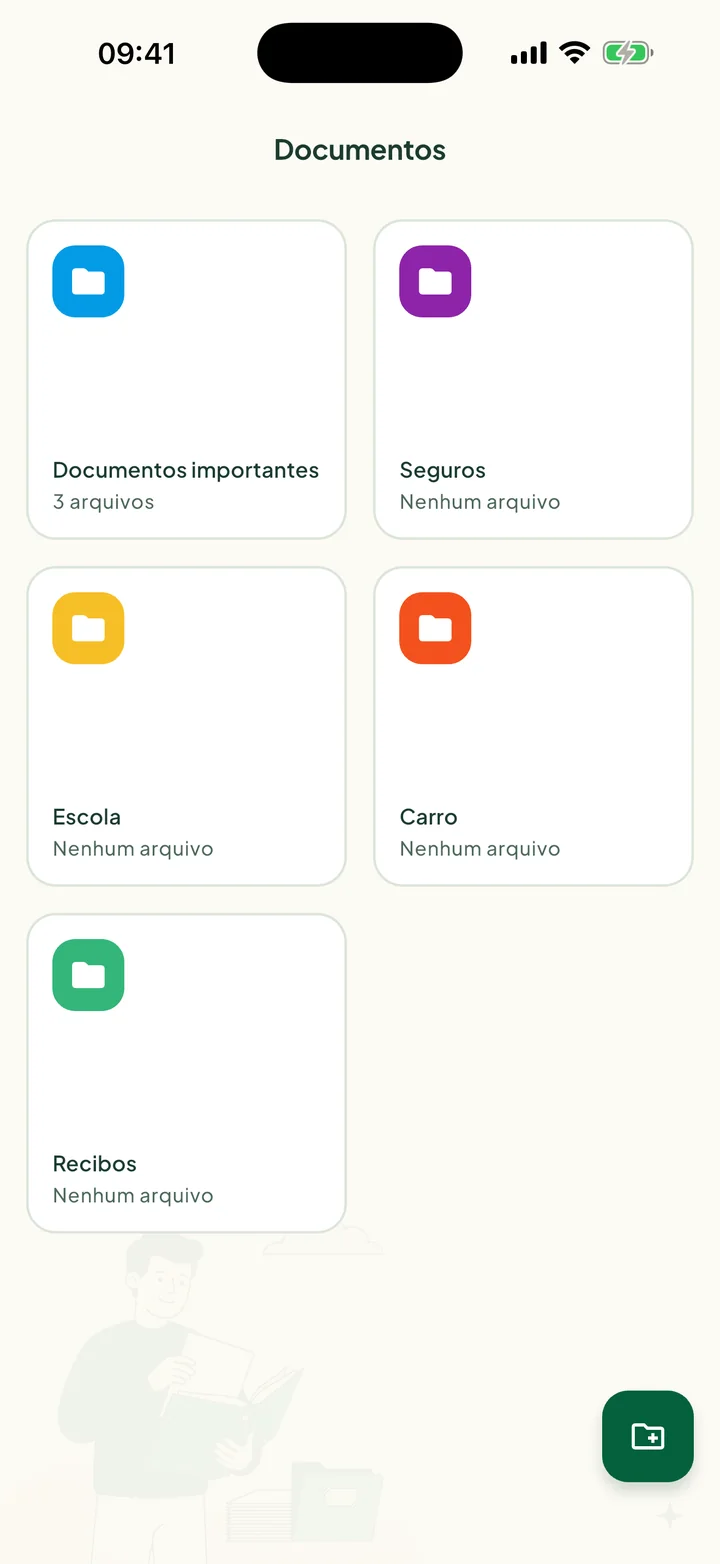A tela Documentos com cinco pastas: Documentos importantes, Seguros, Escola, Carro e Recibos.