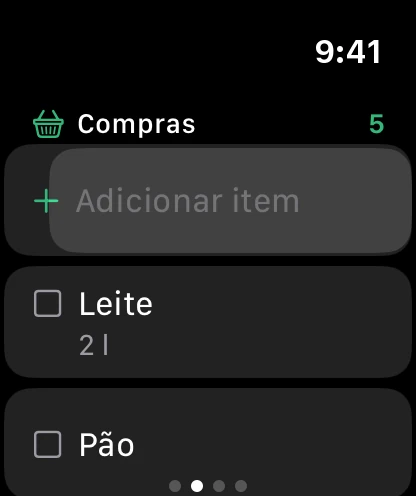 A lista de compras no relógio, com Adicionar item no topo.