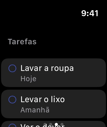 A página Tarefas no relógio, com duas tarefas abertas, para hoje e para amanhã.