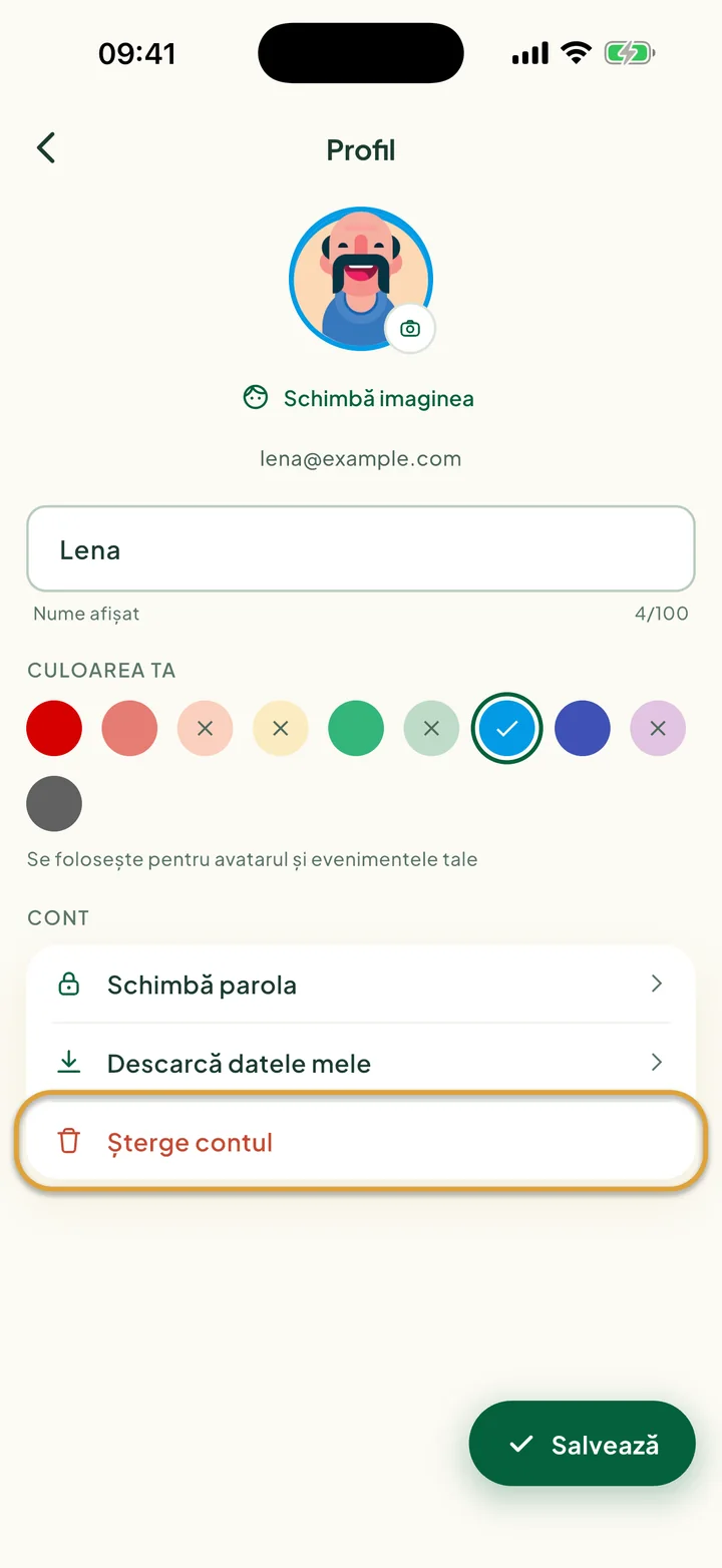 Ecranul de profil. Șterge contul, ultimul rând de la Cont, este încercuit.