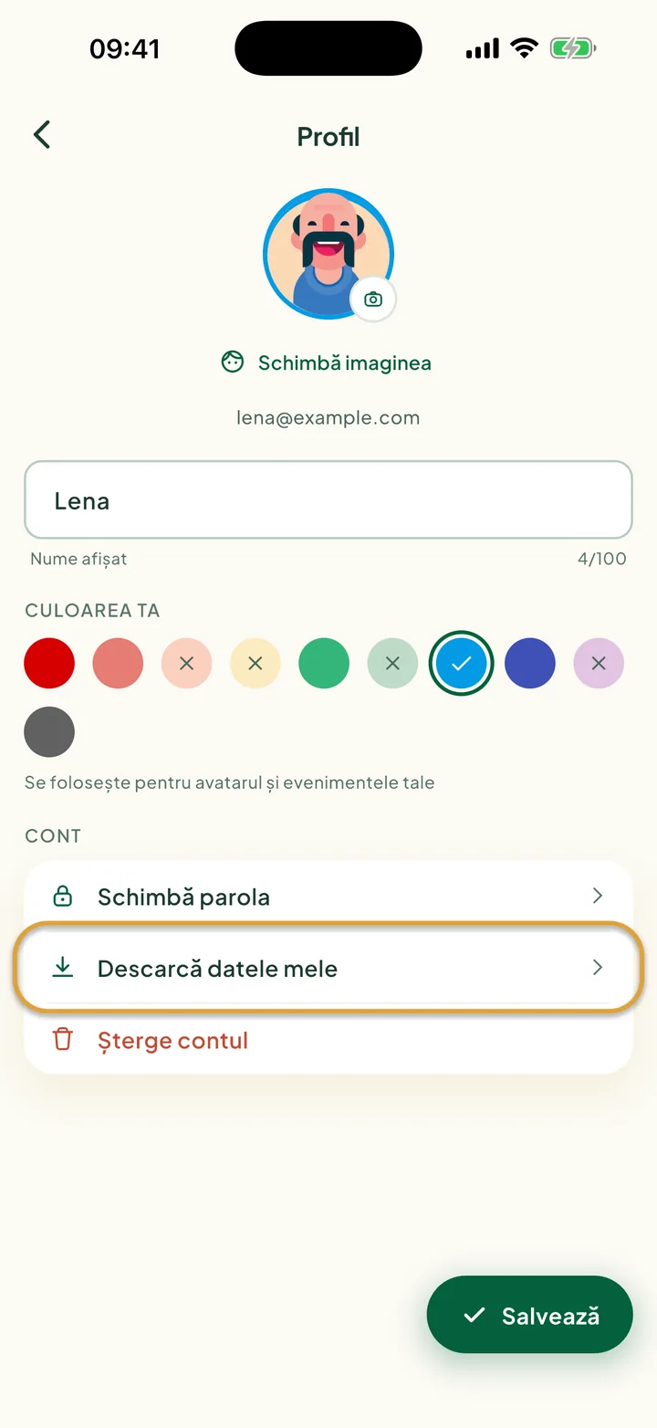 Ecranul de profil. Descarcă datele mele, la Cont, este încercuit.