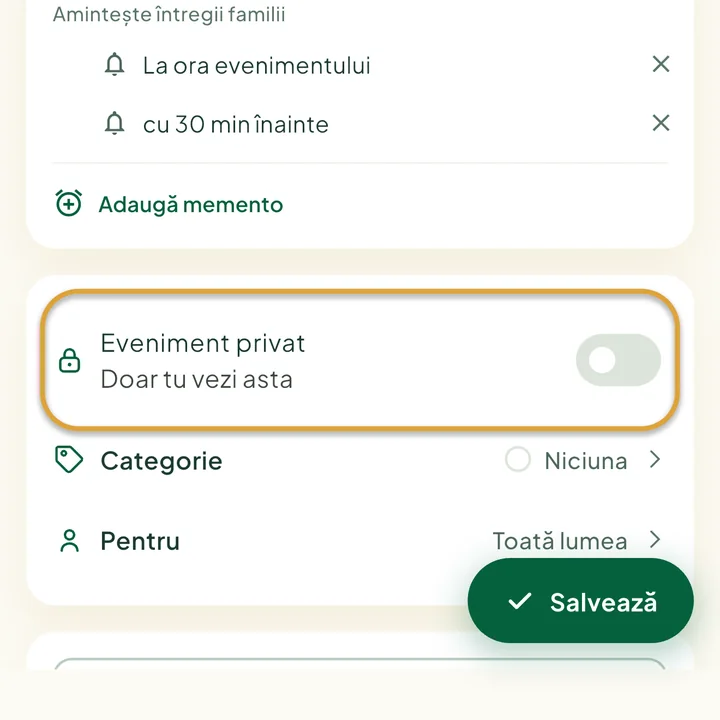 Formularul evenimentului. Comutatorul Eveniment privat este încercuit.
