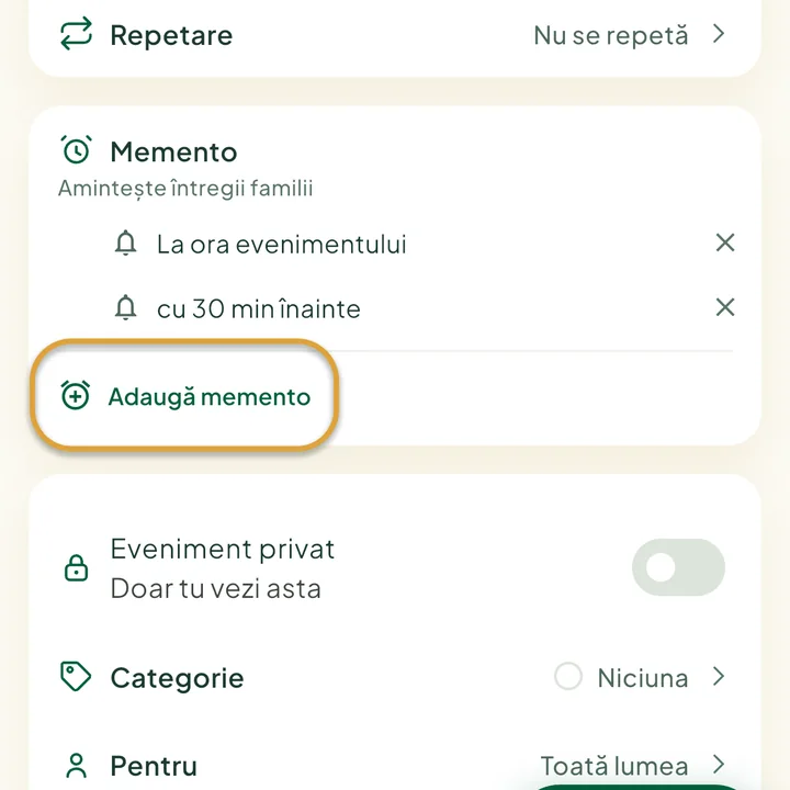 Secțiunea Memento din formularul evenimentului, cu două mementouri. Butonul Adaugă memento este încercuit.