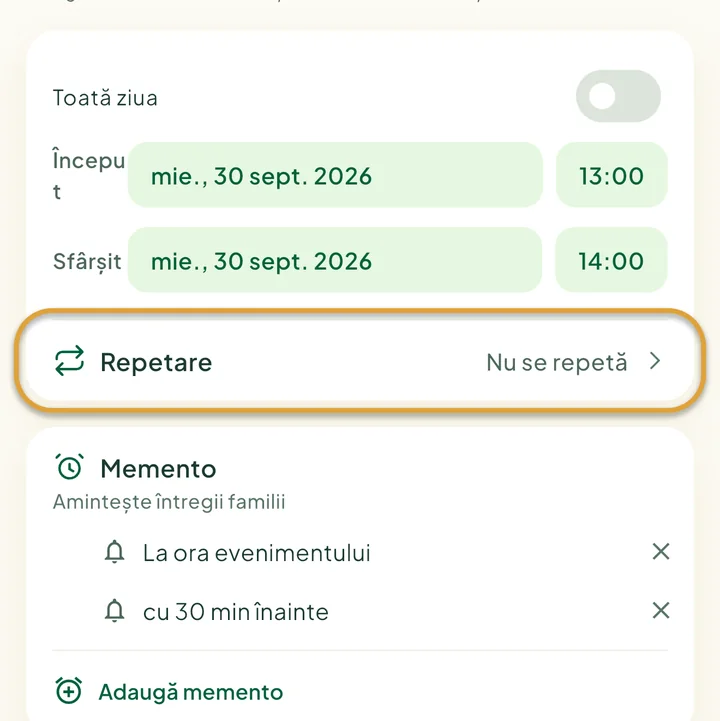 Formularul unui eveniment nou. Rândul Repetare este încercuit.