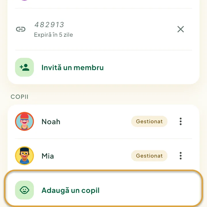Secțiunea Copii de pe ecranul Familie, cu doi copii. Rândul Adaugă un copil este încercuit.