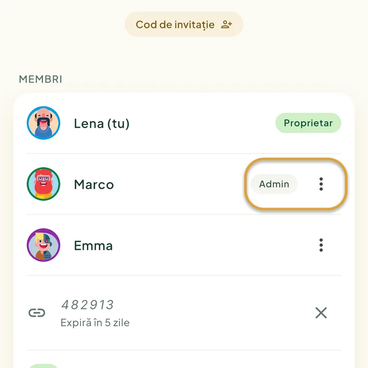 Lista de membri de pe ecranul Familie, cu etichetele Proprietar și Admin. Eticheta Admin și butonul ⋮ de lângă Marco sunt încercuite.