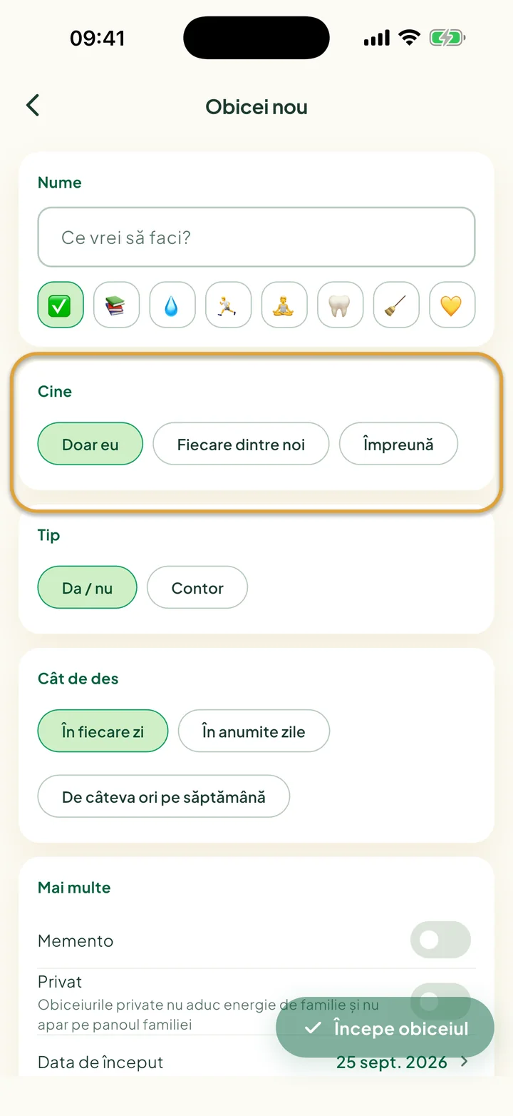 Formularul Obicei nou. Opțiunile de la Cine, Doar eu, Fiecare dintre noi și Împreună, sunt încercuite.