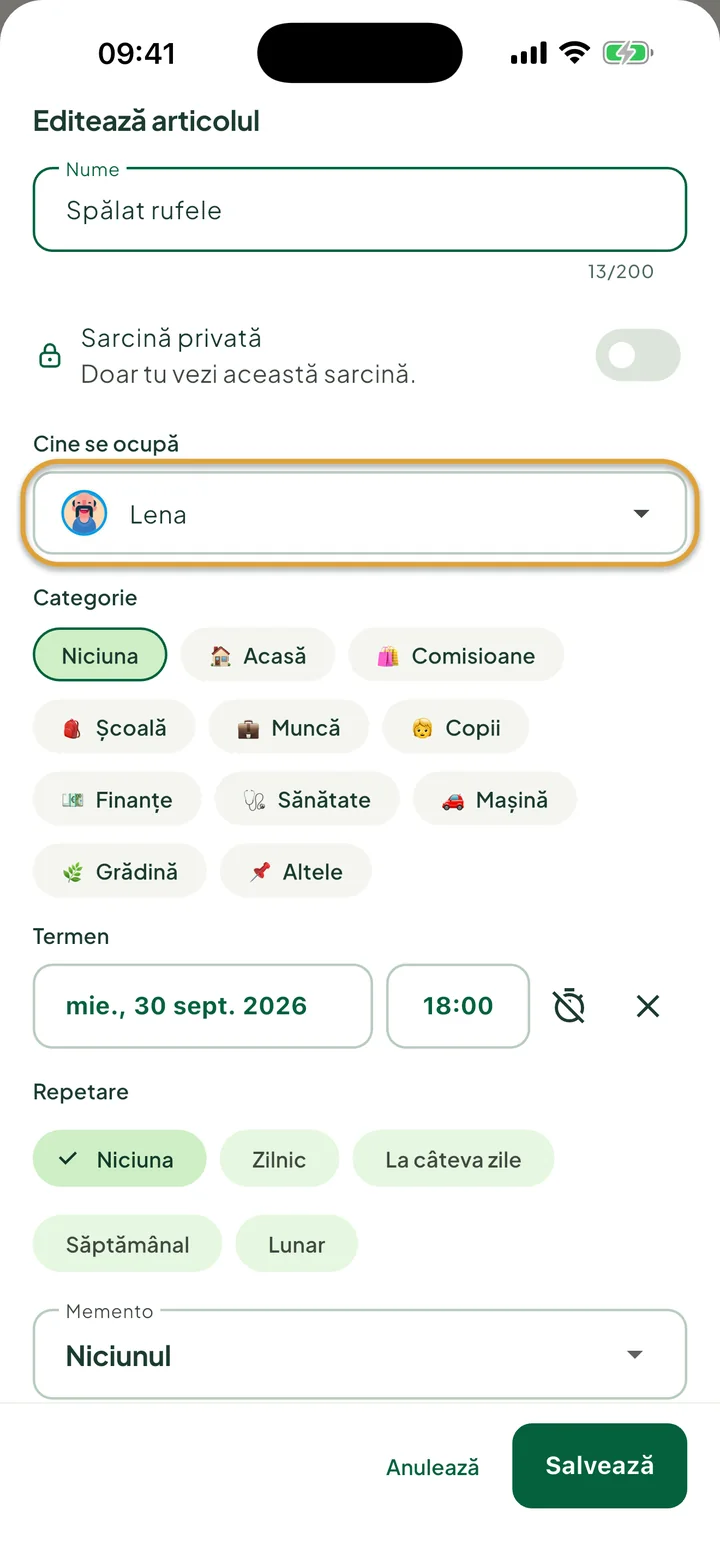Panoul de editare pentru o sarcină. Câmpul Cine se ocupă, setat pe Lena, este încercuit.