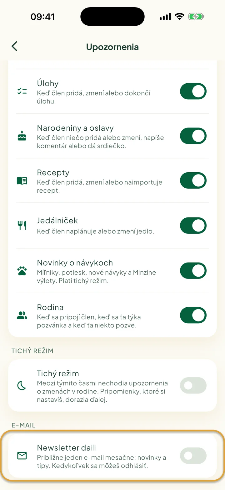 Spodná časť obrazovky Upozornenia. Zakrúžkovaný je prepínač Newsletter daili v časti E-mail.