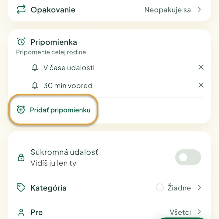 Sekcia Pripomienka vo formulári udalosti s dvoma pripomienkami. Zakrúžkované je tlačidlo Pridať pripomienku.